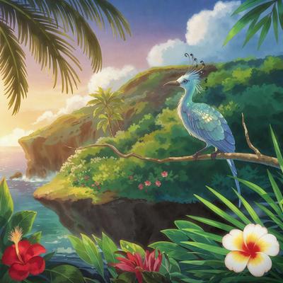 The primary subject of the image is a blue bird perched on a branch. The bird is surrounded by a lush, tropical environment, with a hillside and a beach visible in the background. The visual style of the image is a digital art or illustration, creating a vibrant and colorful scene. The dominant colors in the image are blue, green, and red, giving the scene a warm and inviting atmosphere.